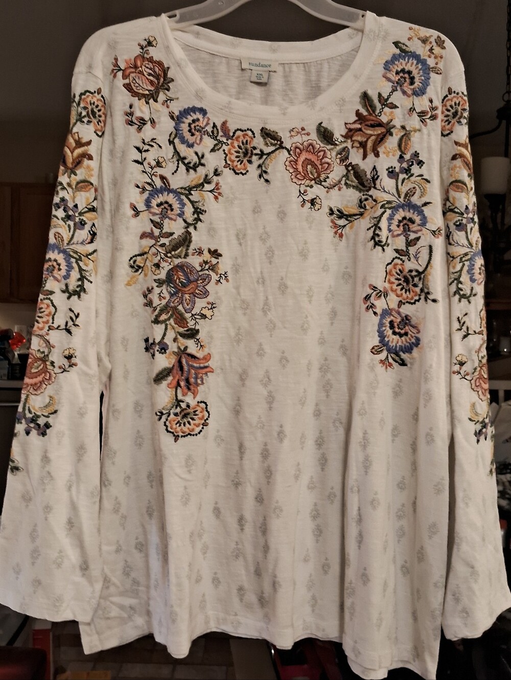 Sundance Cream Long-Sleeve Top with Multicolor Floral Embroidery